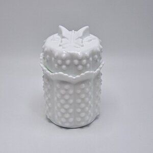 Fenton Milk Glass White Hobnail Butterfly Lidded Candy Jar Vintage Elegant